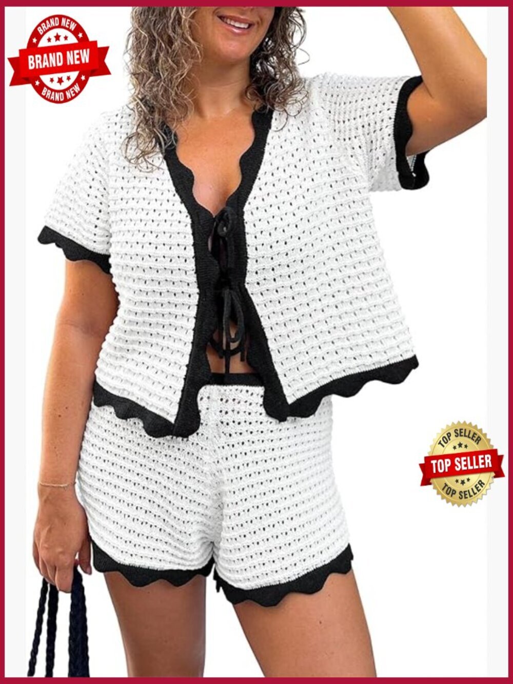 Women's 2 Piece Crochet Swim Cover Up Set Short Sleeve Tie Front Shorts Beach
